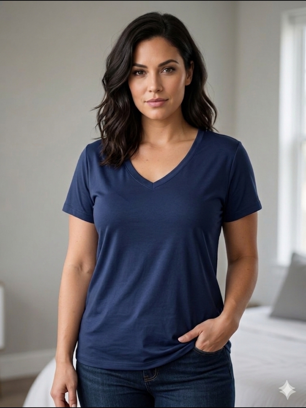 Boutique Navy Blue V-Neck Short Sleeve Top Size XL (EUC)